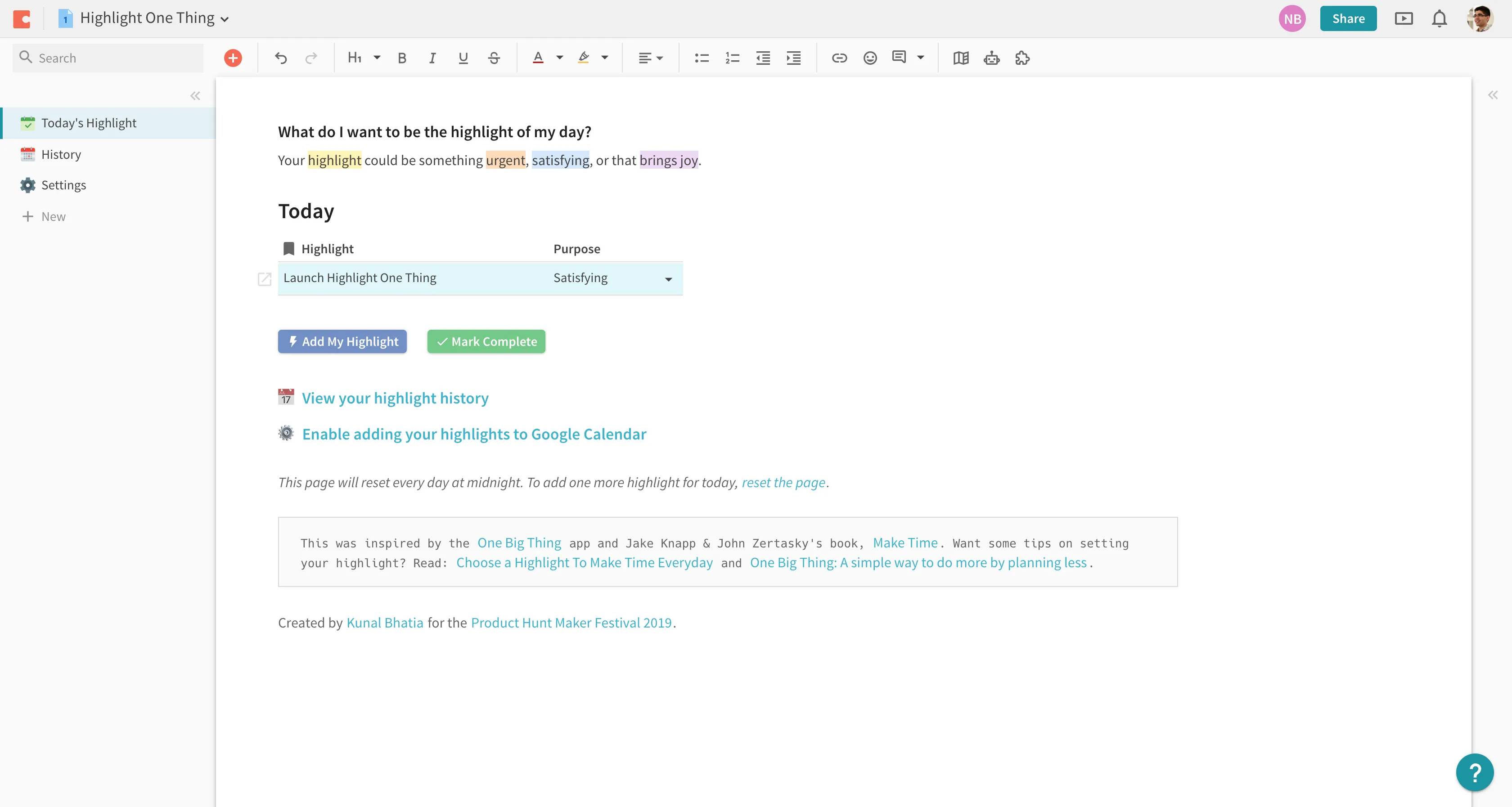 Setting your Highlight